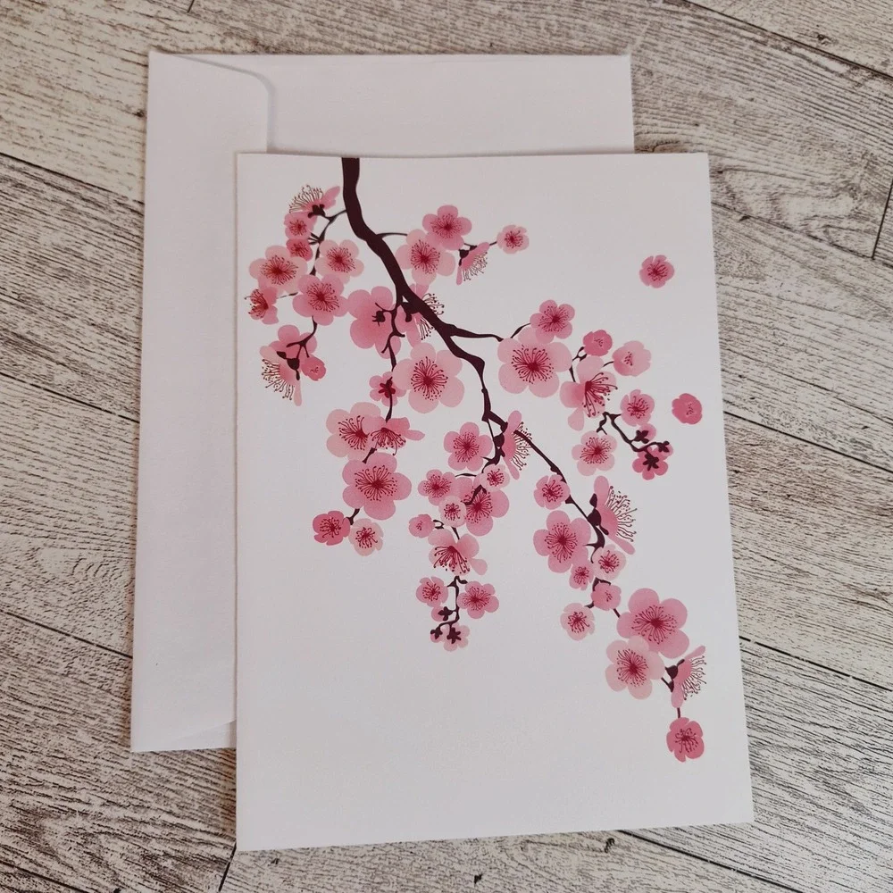 Blank Greeting Card Pink Cherry Blossom Note Card Stationery Any Occasion